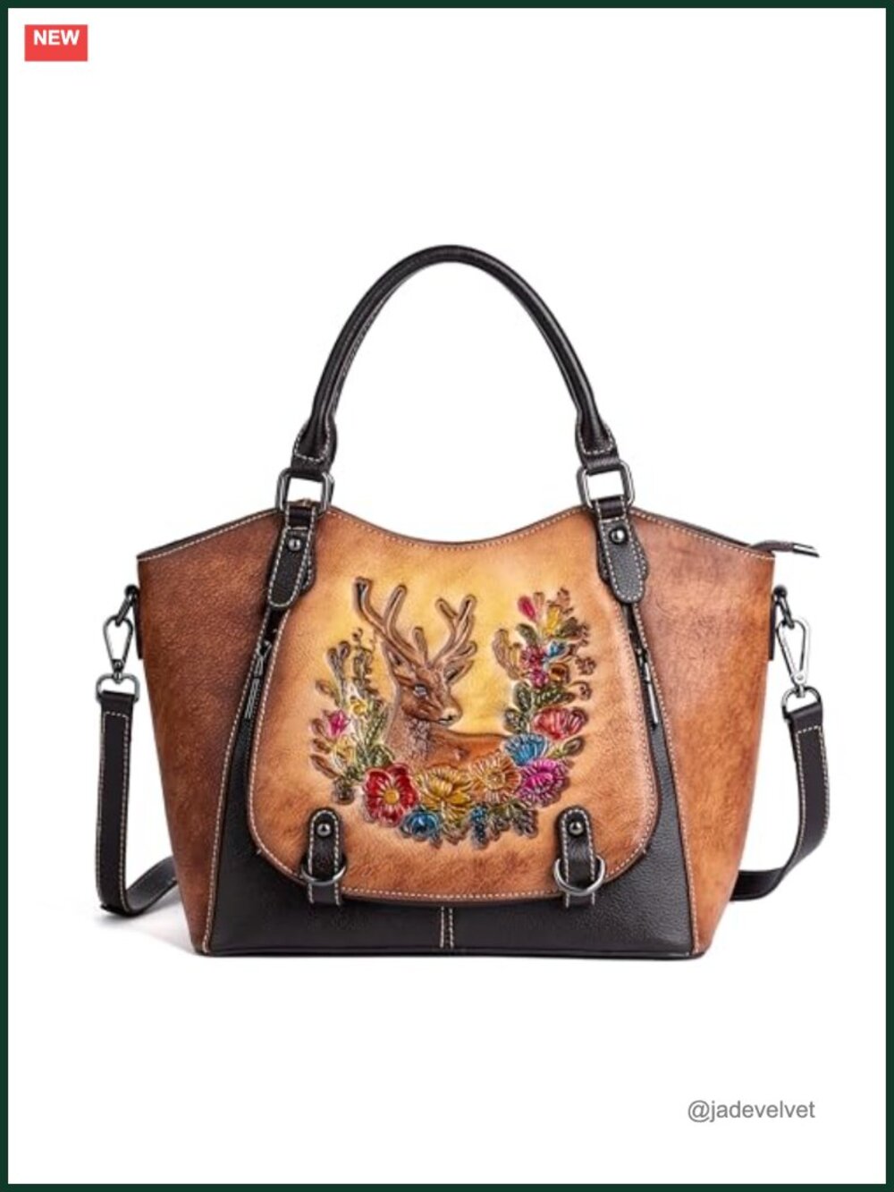 Vintage Genuine Leather Satchel Handbag Floral Deer Top Handle Crossbody
